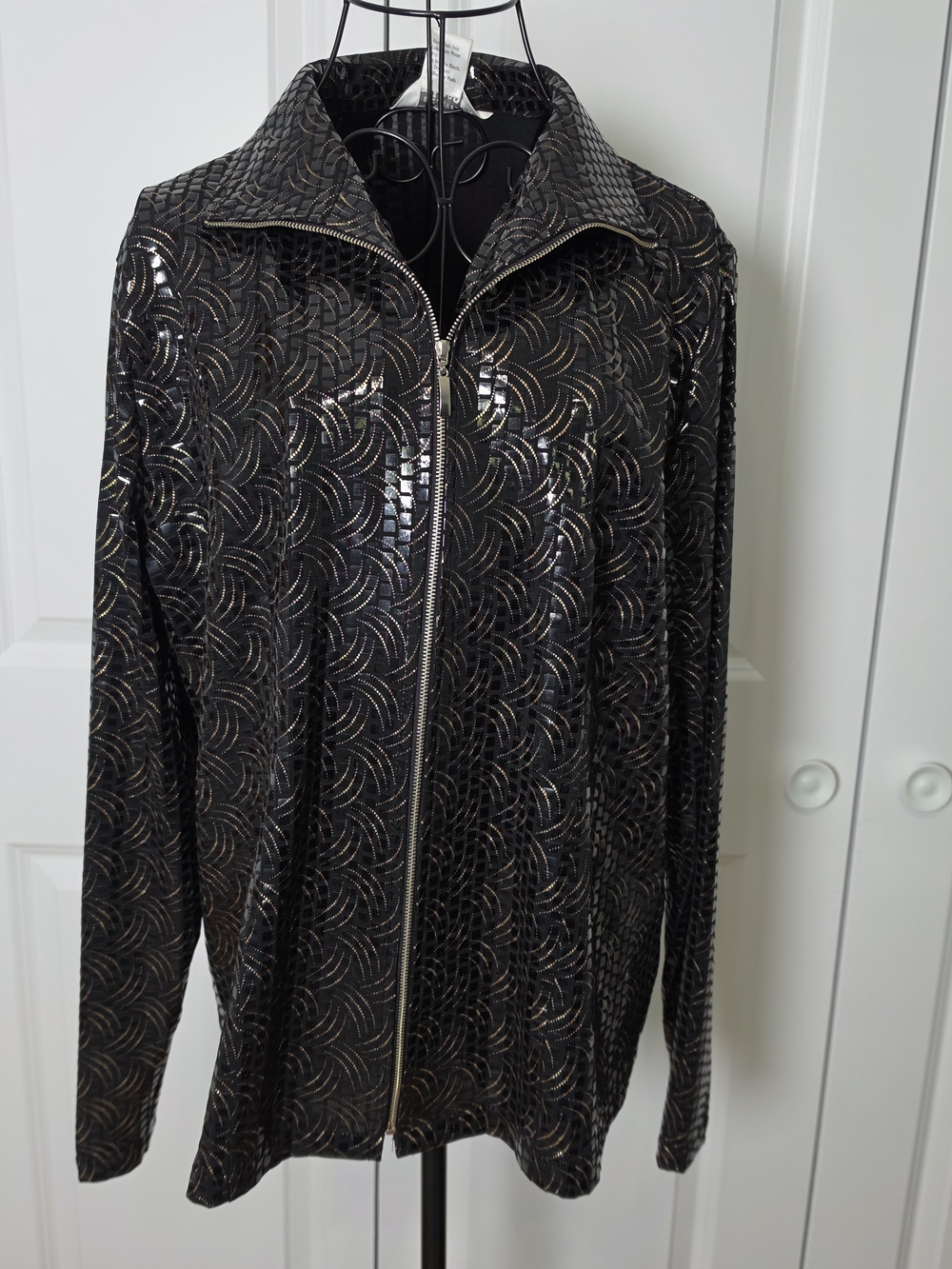 Misook Metallic Black Gold Art Deco Zip Jacket Women’s L Textured Statement